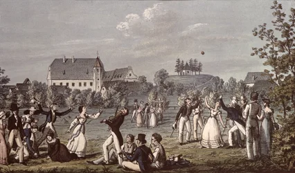 Giochi con la palla ad Atzenbrugg con Franz Schubert (1797-1828) e amici seduti in primo piano